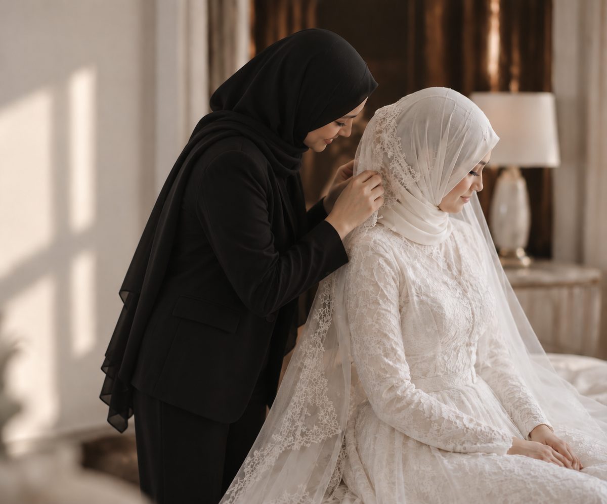 Bride assistant adjusting the brides veil before the majlis