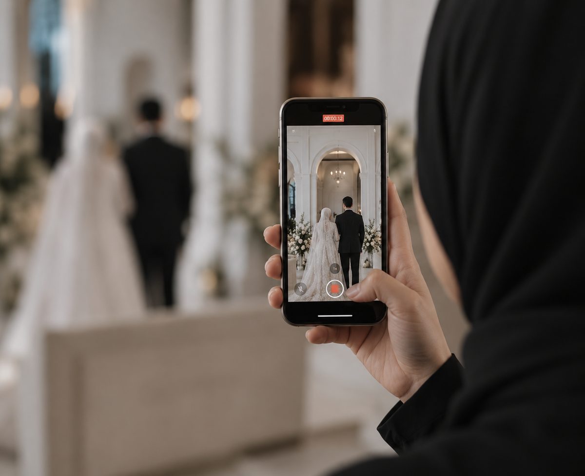 Filming the bride walking down the aisle on a phone
