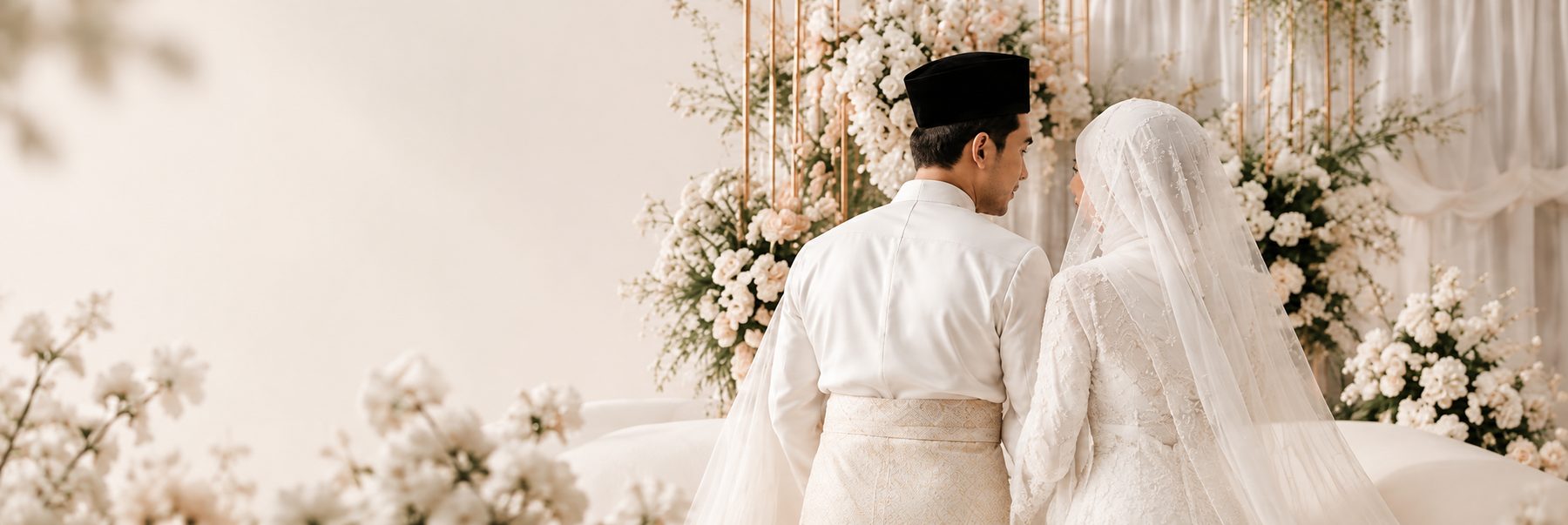 Bride and groom together at a Malaysian wedding, framed by white florals